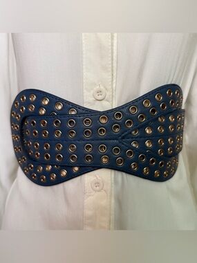 Navy blue wide PU leather elastic waistband belt with gold tone grommet